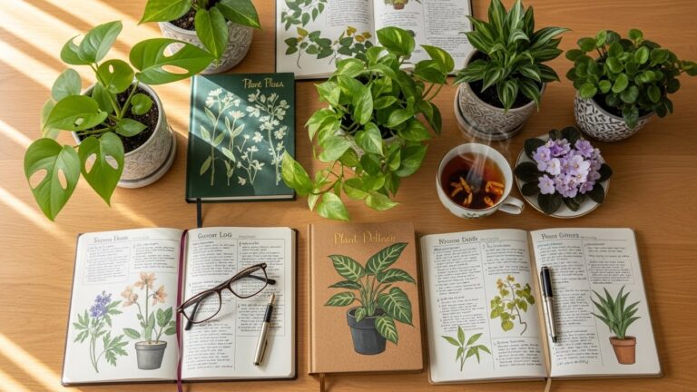 Indoor plant journals and potted plants on a wooden table.