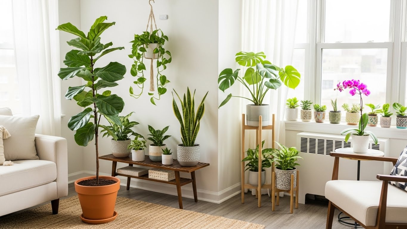 Apartment living room with diverse indoor plants near window