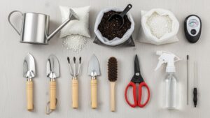 Essential tools for indoor plant care including trowels, pruners, and watering can.