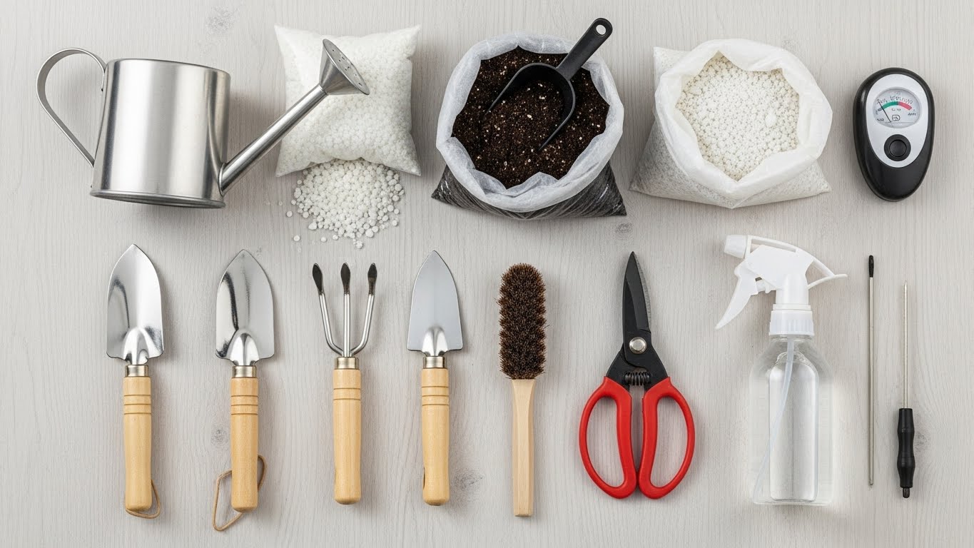 Essential tools for indoor plant care including trowels, pruners, and watering can.