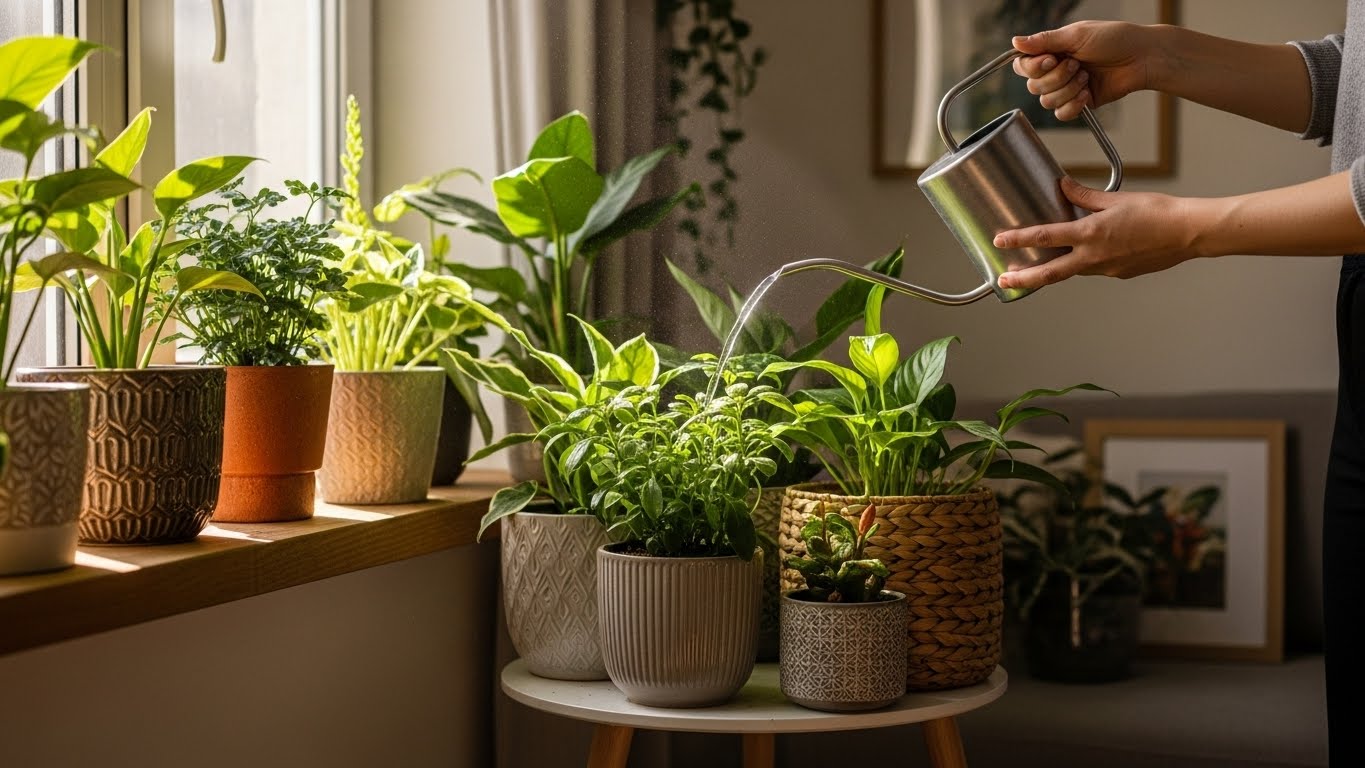 Person watering indoor plants with a watering can by a window