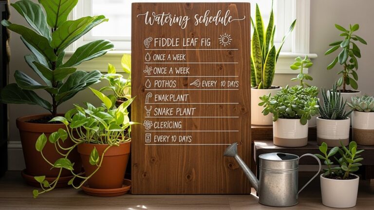 Indoor plant watering schedule board surrounded by potted plants and watering can