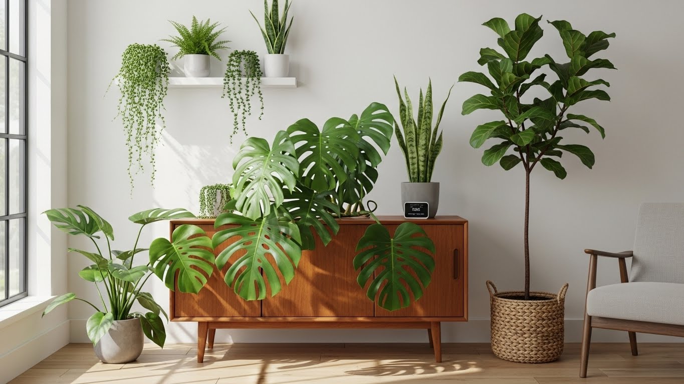 Indoor plants adding aesthetics and purifying air in a living room.