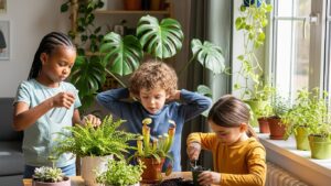 Children learning about indoor plants with various potted greenery on a table.