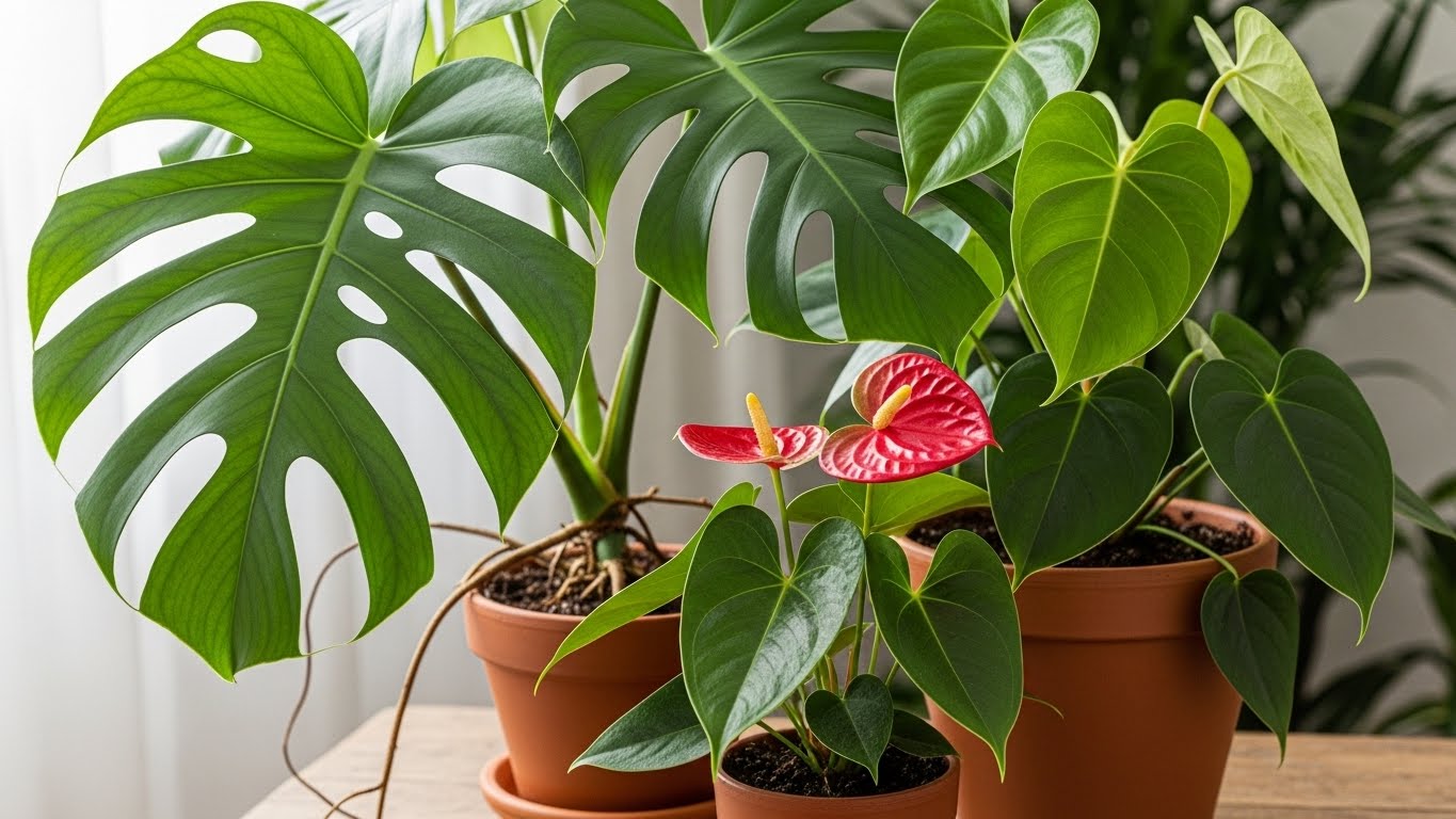 Various Araceae indoor plants, including Monstera and Anthurium, in terracotta pots.