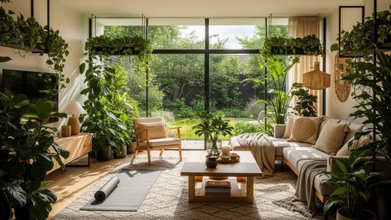 Bright living room filled with lush indoor plants for health and wellness benefits.