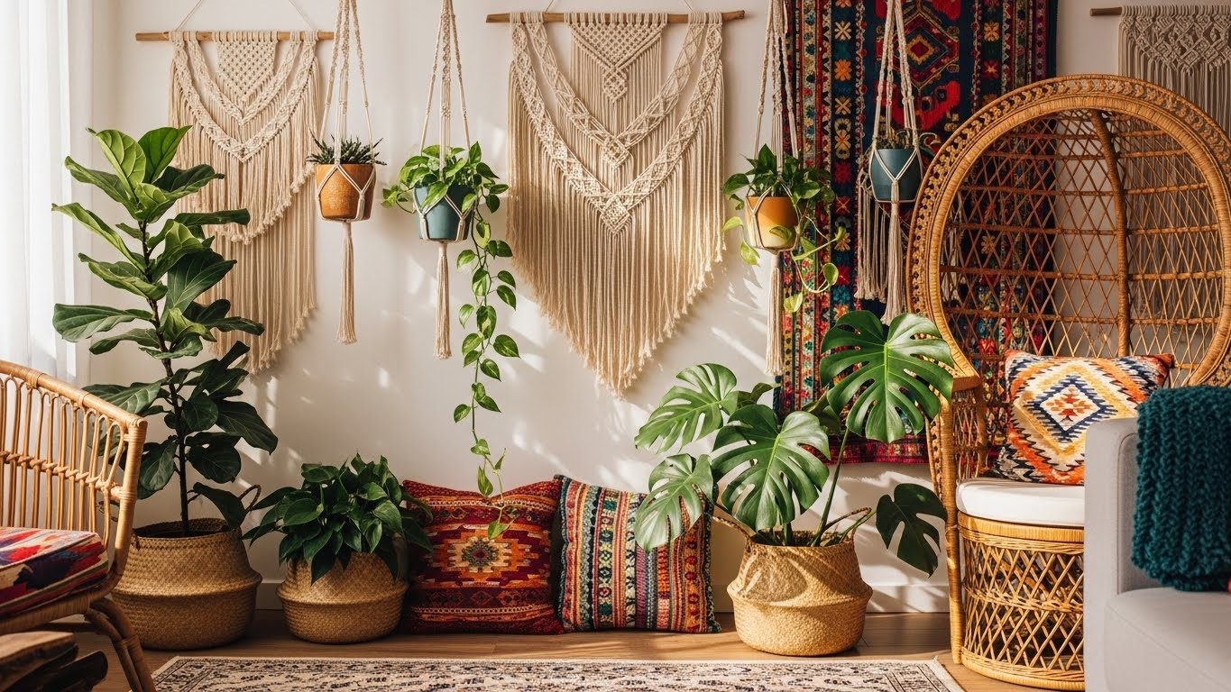 Indoor plants with boho decor, featuring macrame and wicker furniture