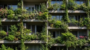 Lush balcony gardens on urban apartment building