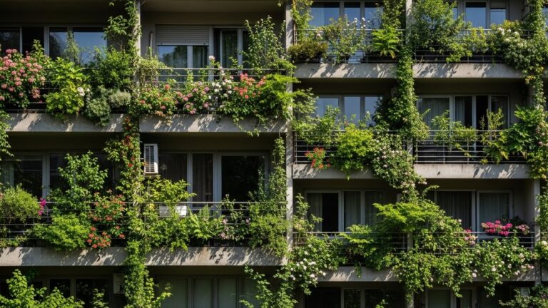 Lush balcony gardens on urban apartment building