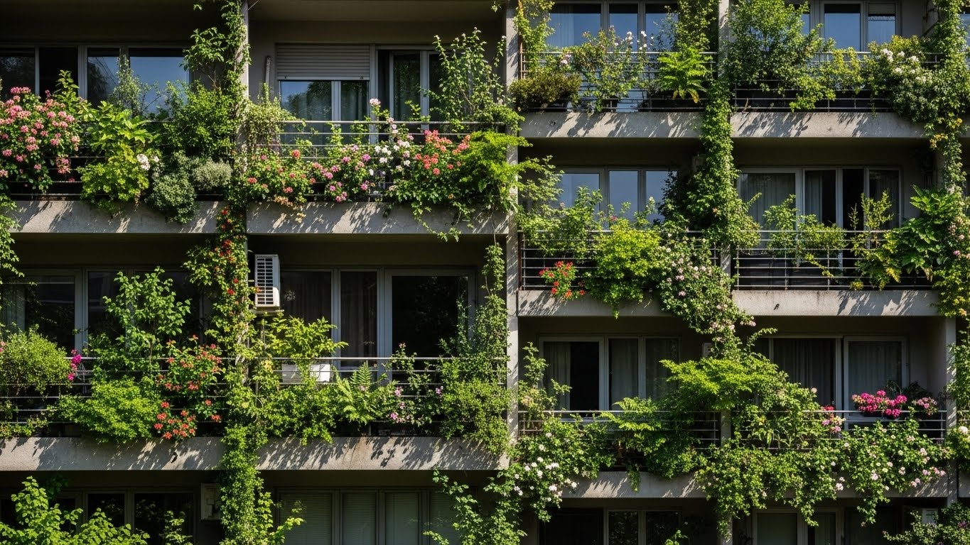 Lush balcony gardens on urban apartment building