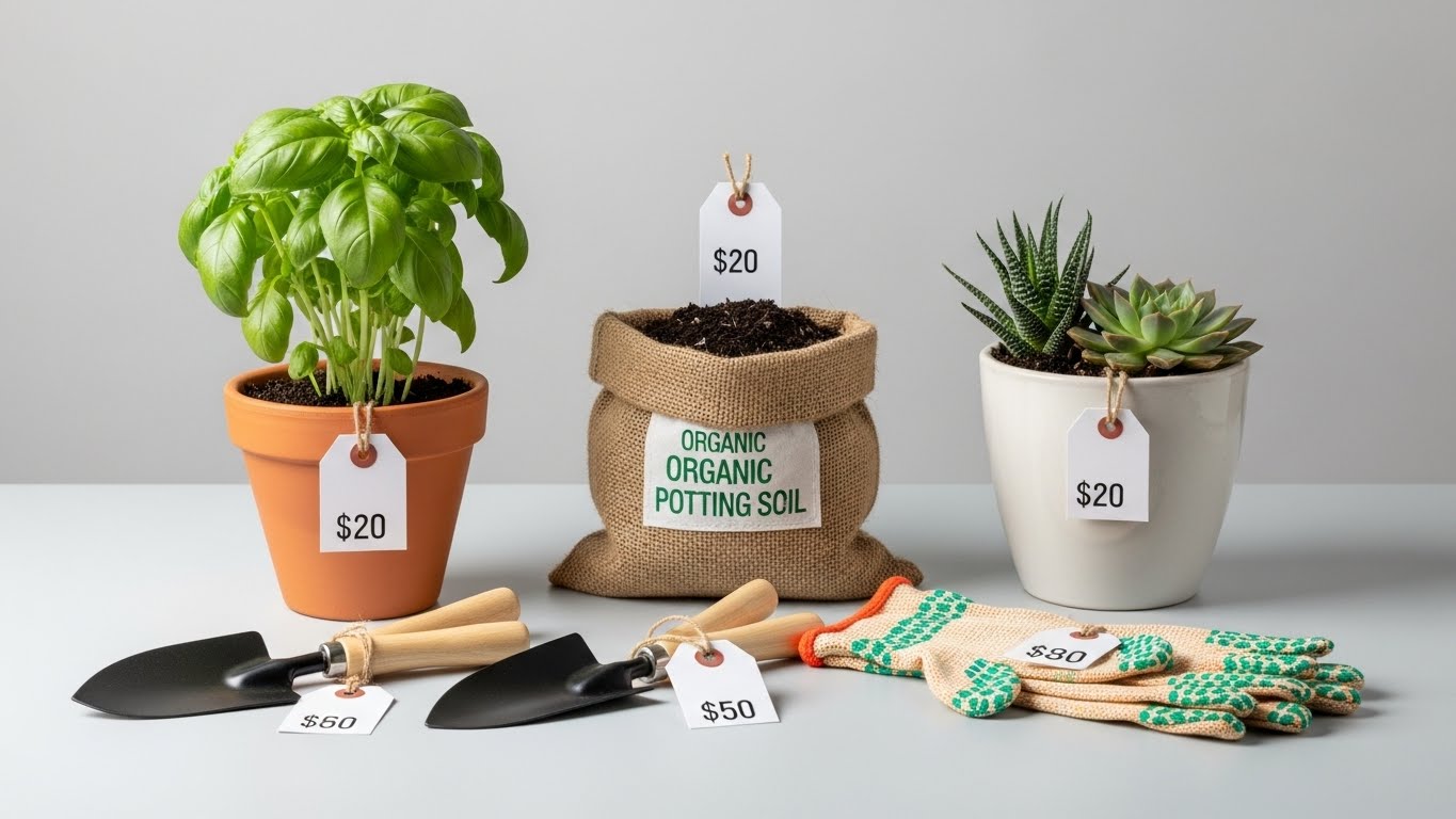 Indoor plants with pots, soil, and gardening tools showcasing prices for a comprehensive guide.