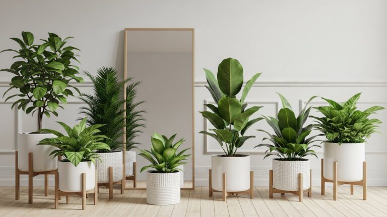 Indoor plants in stylish pots with wooden stands in a modern room