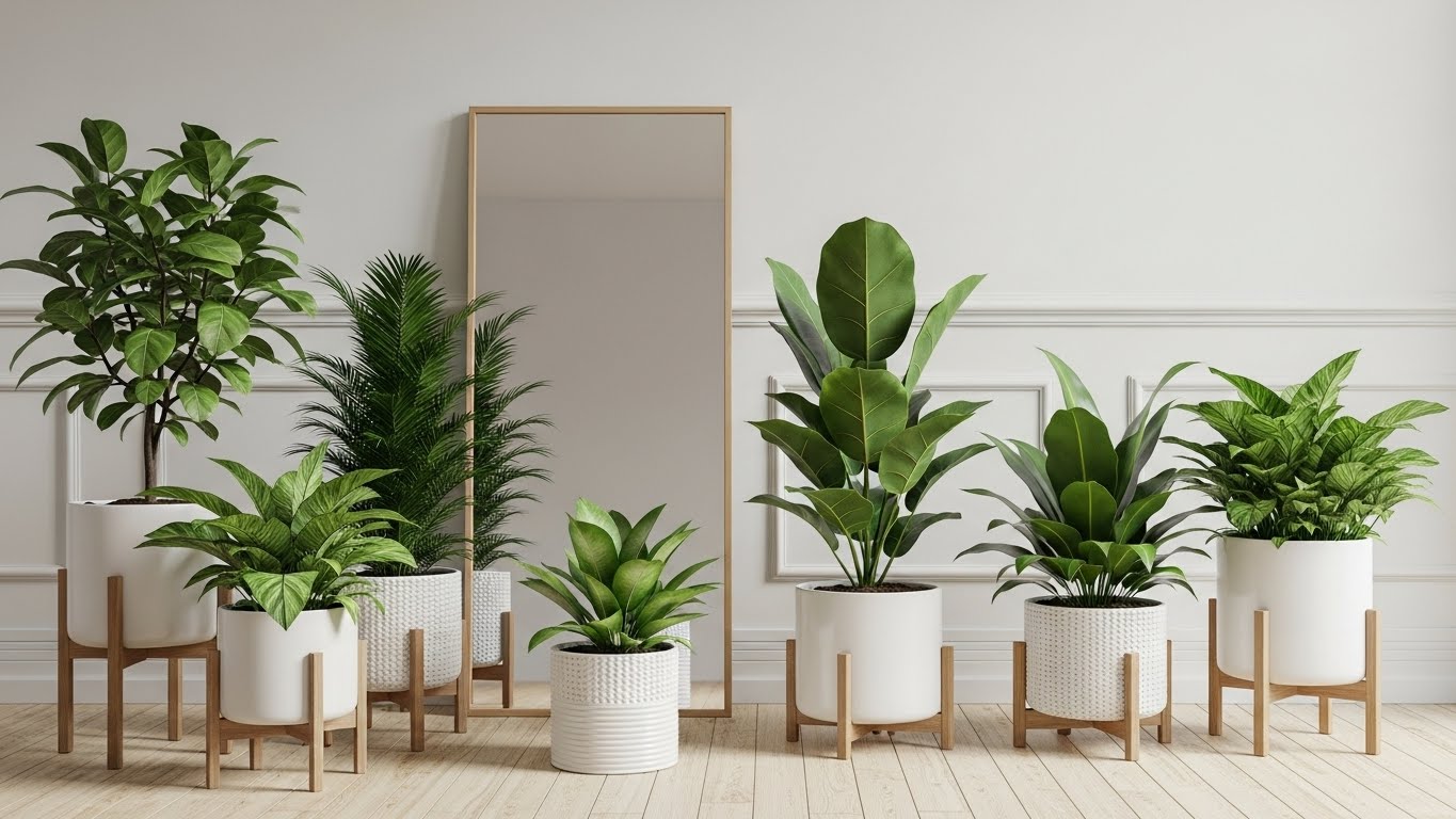 Indoor plants in stylish pots with wooden stands in a modern room