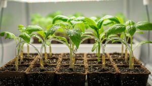Young indoor plants in pots with nutrient-rich soil and watering system