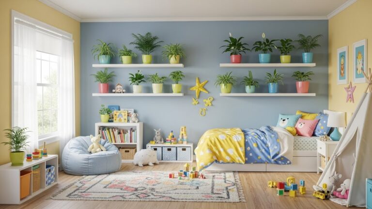 Colorful kids' room with indoor plants in vibrant pots and playful decor.