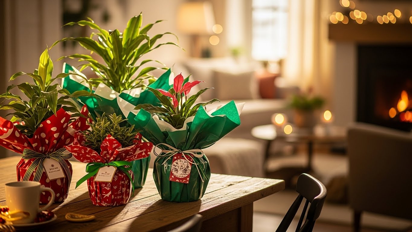 Colorful indoor plants wrapped for gifts on a wooden table in a cozy living room.