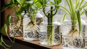 Indoor plants thriving in water jars showcasing hydroponic growth.