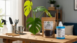 Comparison of organic and synthetic fertilizers for indoor plants with tools.