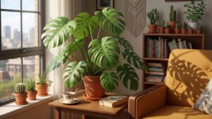 Indoor plants enhancing home space with monstera and cacti by window.