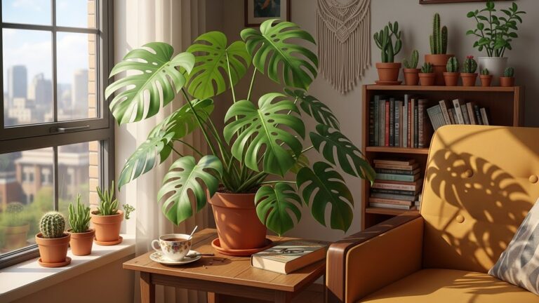 Indoor plants enhancing home space with monstera and cacti by window.