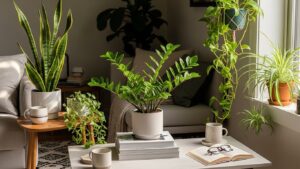 Cozy room with various low-maintenance indoor plants perfect for beginners