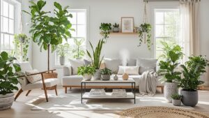 Bright living room filled with indoor plants for wellness and decor.