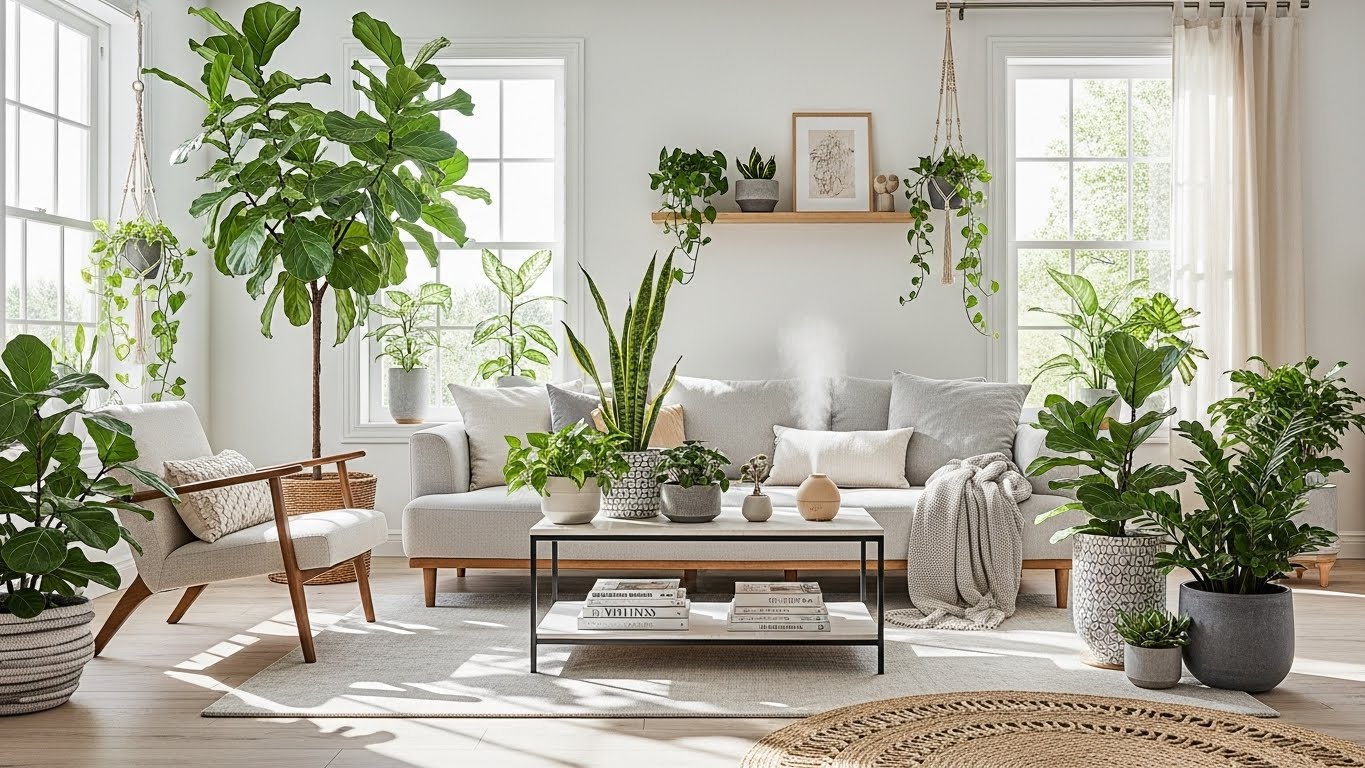 Bright living room filled with indoor plants for wellness and decor.