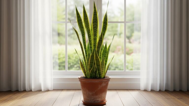 Tall snake plant in pot by window for indoor growth