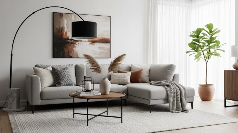 Stylish modern living room featuring anthuriums, cozy sofa, and elegant decor.