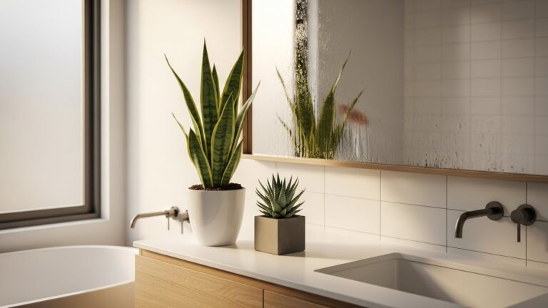 Low light indoor succulents displayed in a modern bathroom setting.