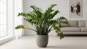 Indoor ZZ plant in gray pot with bright green leaves
