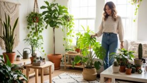 Plantfluencer in cozy living room with diverse houseplants and natural light.