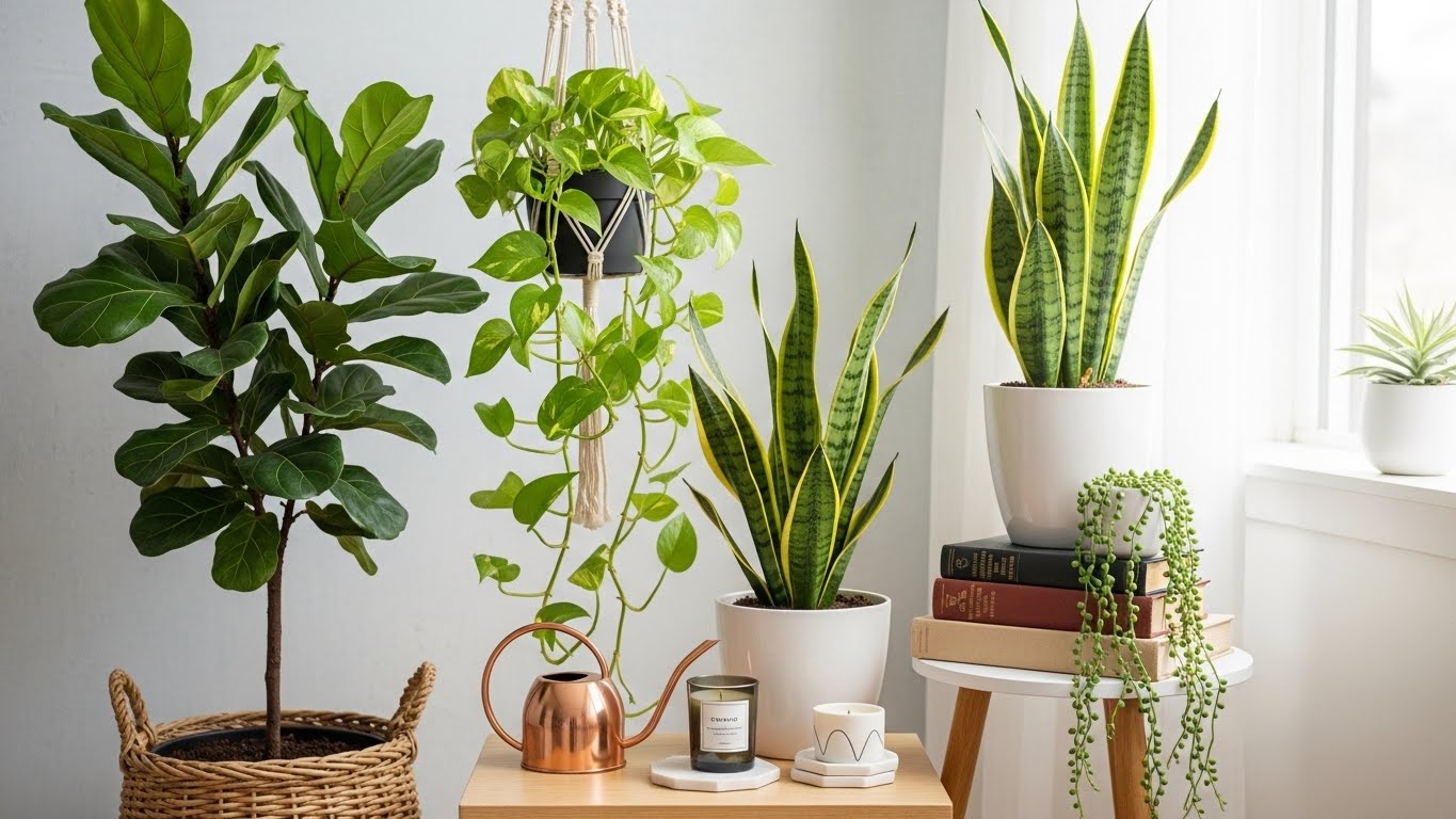 Indoor plants including fiddle leaf fig, pothos, and snake plant in bright room