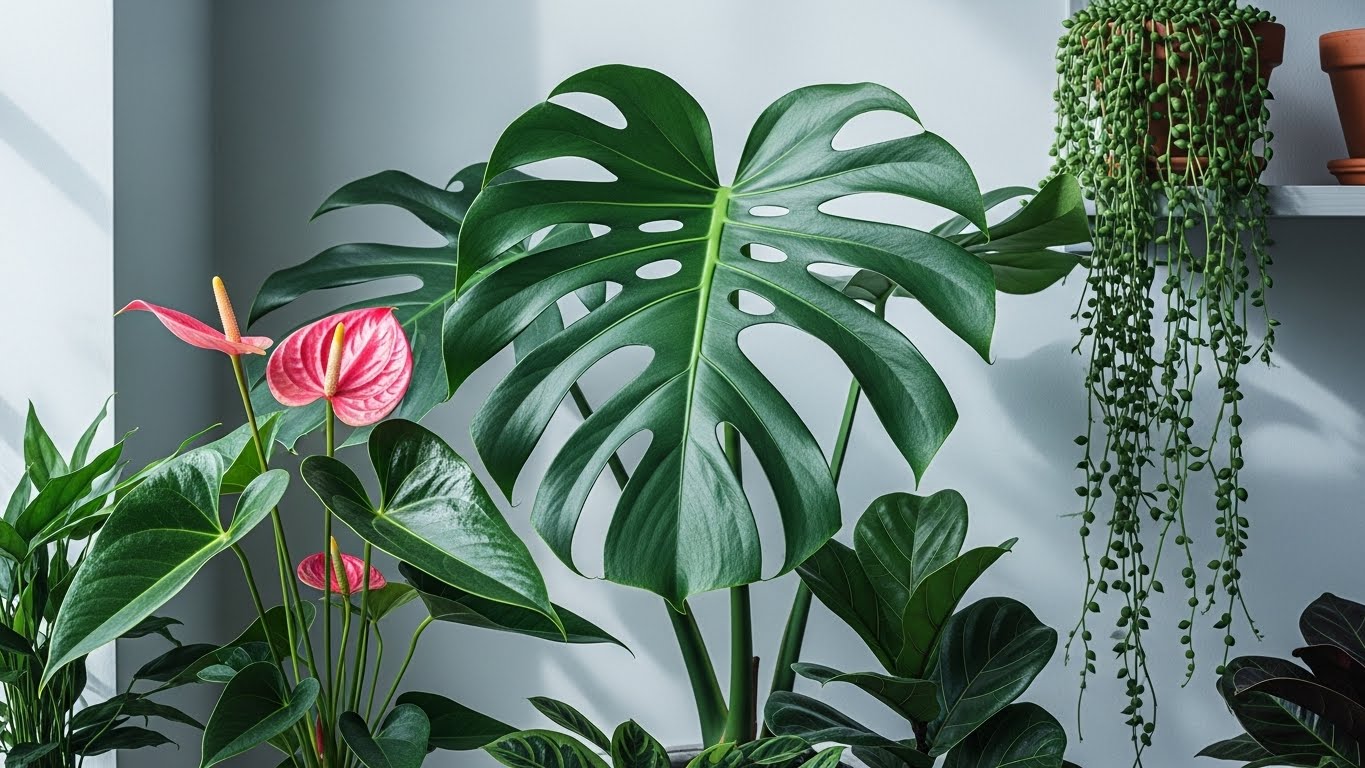 Lush monstera, anthurium, and string of pearls plants in bright sunlight