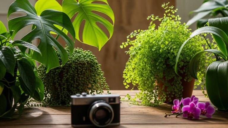 Lush houseplants with vibrant leaves on wooden table, perfect for Instagram photography