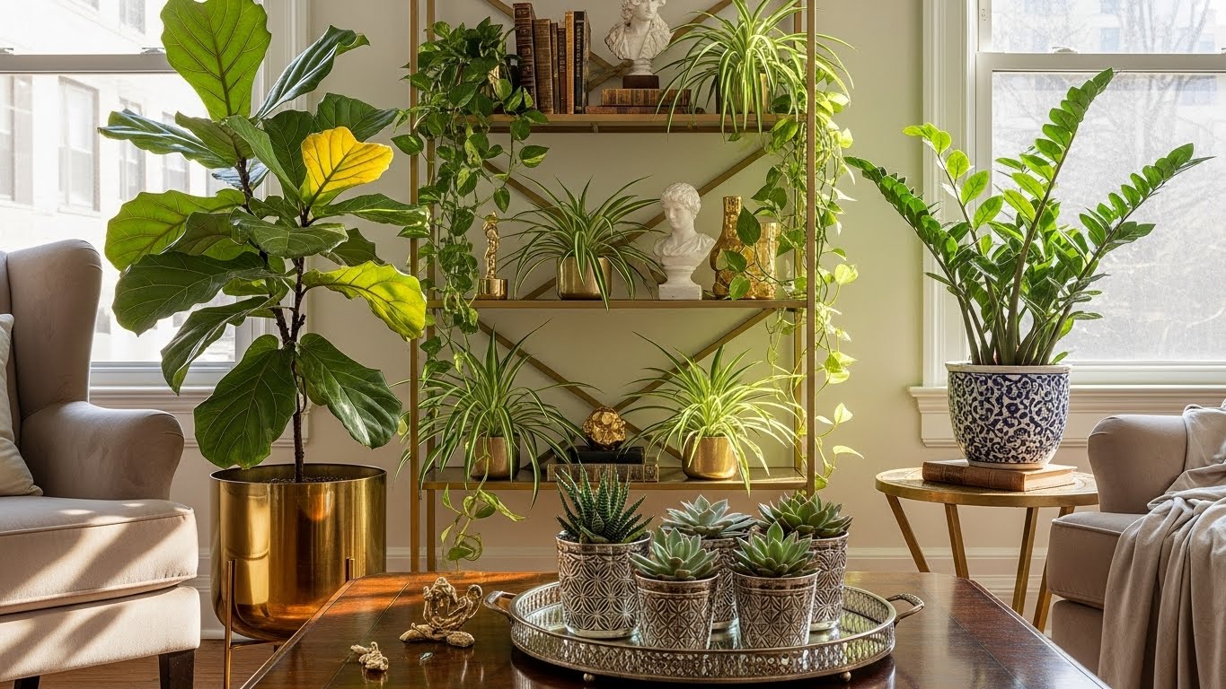 Stylish living room with indoor plants and decorative shelf collection
