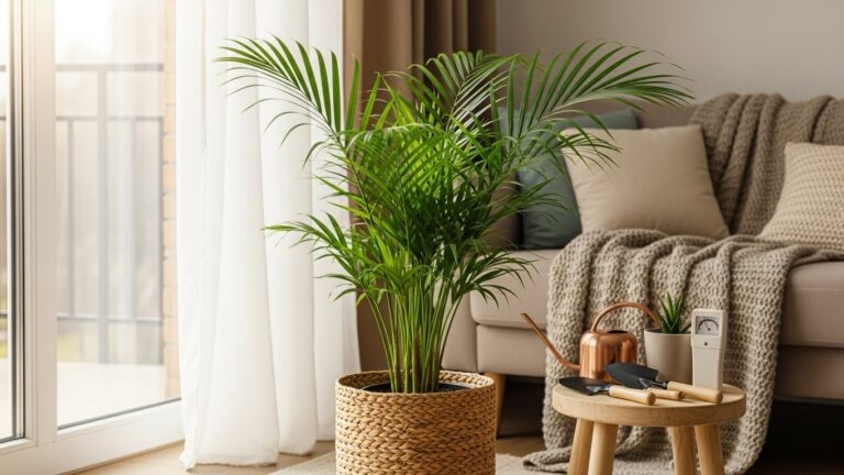 Indoor Kentia palm in woven pot beside window and cozy sofa.