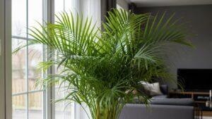 Lush Kentia Palm in indoor living room near a window
