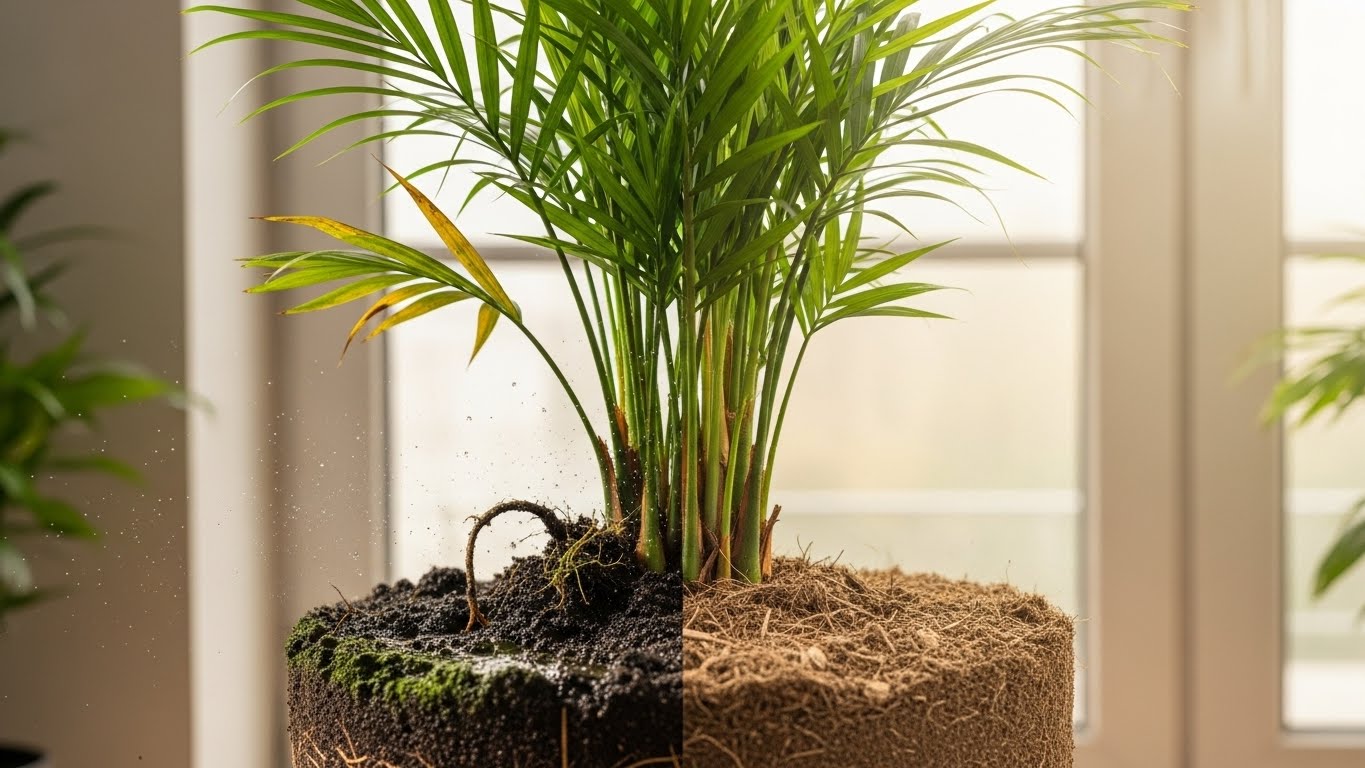 Kentia palm soil moisture comparison with overwatered and dry sections