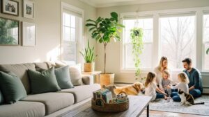 Family enjoying time in a bright living room surrounded by kid and pet-safe houseplants.