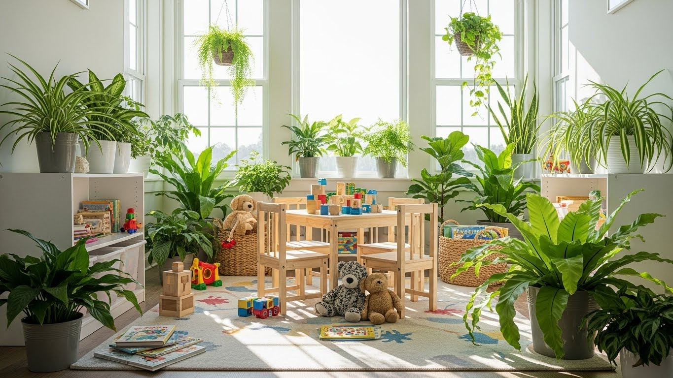 Kid-friendly playroom with pet-safe indoor plants and toys.