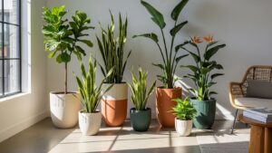 Assorted large indoor plants in modern pots brighten a minimalist living room.
