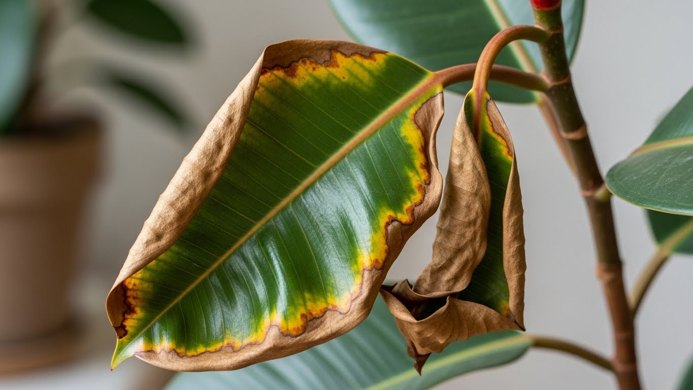 Close-up of a rubber plant leaf with browning and yellowing edges, a sign of leaf drop.
