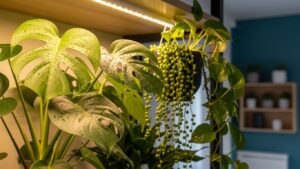 Indoor plants thriving under LED lights in an apartment setting