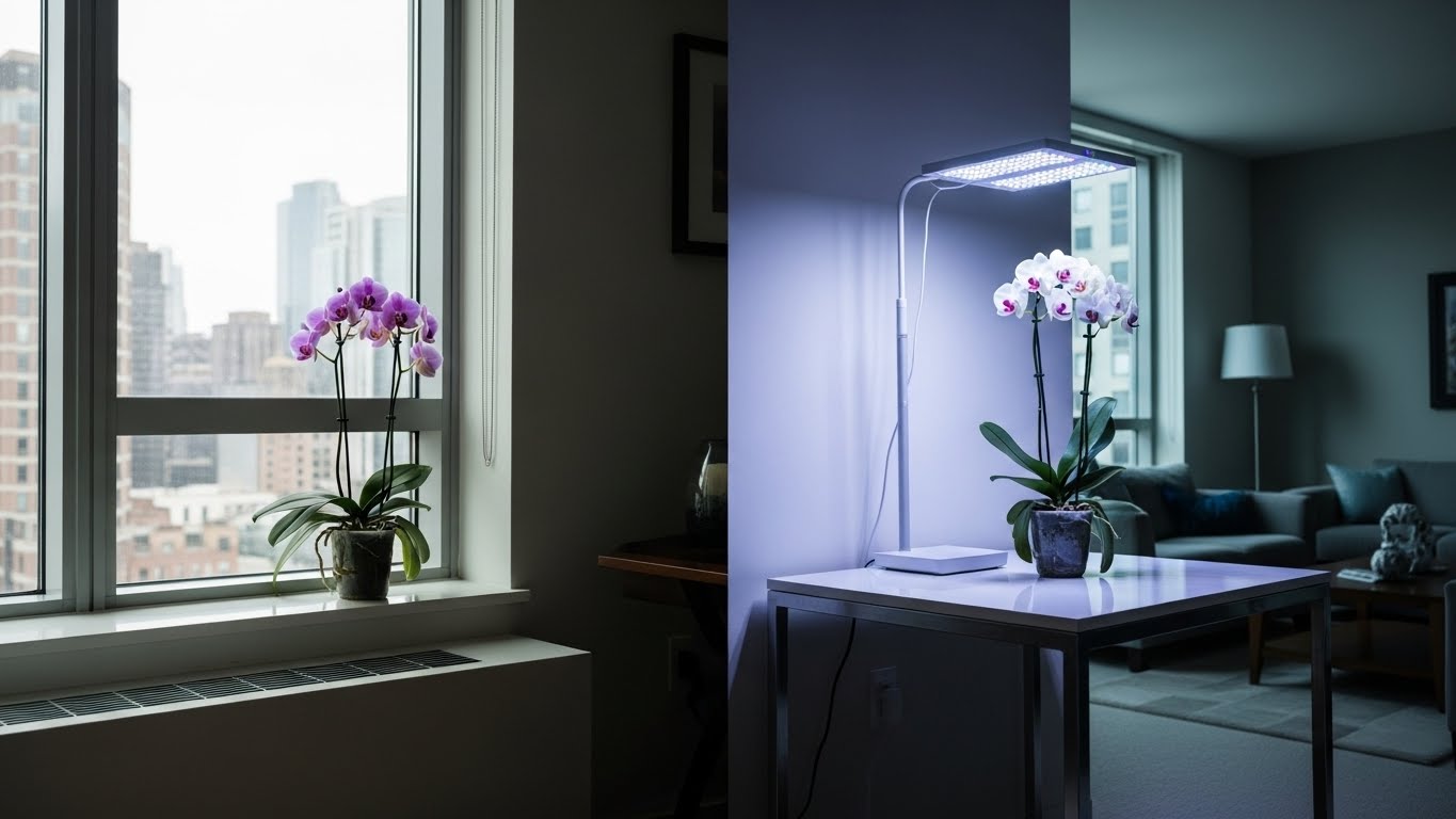 Indoor orchids under natural window light and artificial grow light side by side.