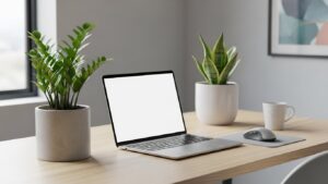Low-care plants enhancing an office desk with laptop and accessories