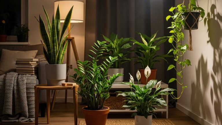 Low light indoor plants for air purification on display in a cozy room