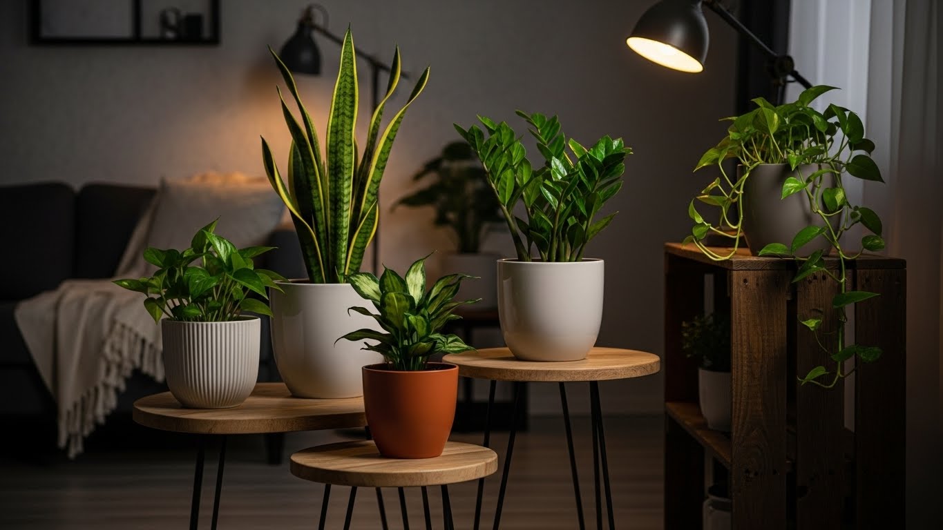Indoor plants thriving in low light conditions with stylish pots