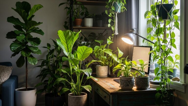 Indoor plants thriving in low-light conditions with a desk lamp nearby