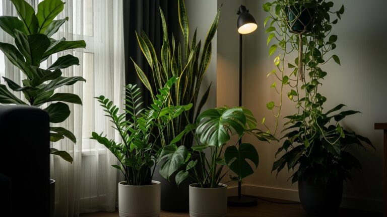 Lush low-light indoor plants near a window and lamp, enhancing home decor.